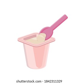 Yogur empacado en una caja de plástico rosa con cuchara de plástico, ilustración cómica de dibujos animados