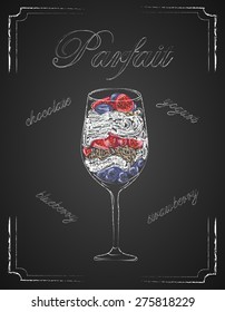 Yogurt parfait with strawberry and blueberry on chalkboard background, hand drawn, freehand, vector, illustration. Parfait menu.