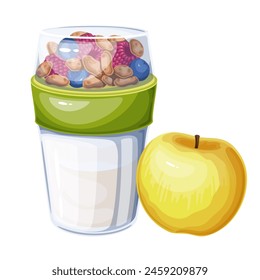 Yogurt plastic box with muesli and apple, cartoon snack of school lunchbox. Funny yellow ripe apple and cup of milk product with calcium, healthy food for children cartoon vector illustration