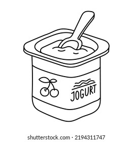 Yogurt in a plastic cup. Dairy product. Editable outline stroke. Vector line icon.