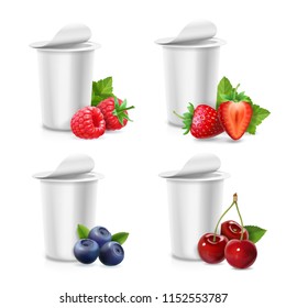 Yogurt realistic packing blank container and berries. Cherry, strawberry, blueberry, raspberry