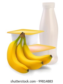 yogurt in separate boxes and banana; vector