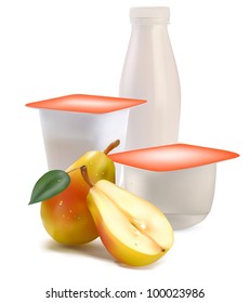 yogurt in separate boxes and pear; vector