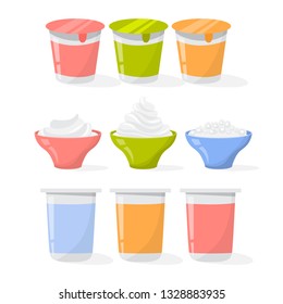 Yogurt set. Collection of cream product in a plastic cup. Dairy food. Delicious yoghurt. Vector illustration in cartoon style