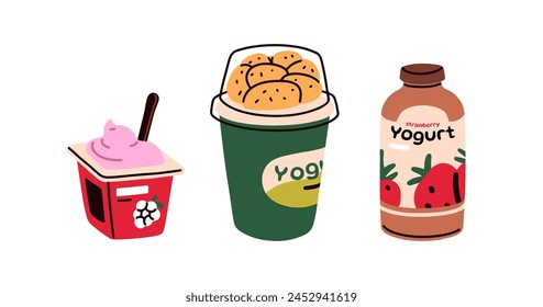 Yogurt set. Dairy products in packs, fruit yoghurt drink in bottle, protein snack with crunchy flakes in cup box. Breakfast food, eating, dessert. Flat vector illustration isolated on white background