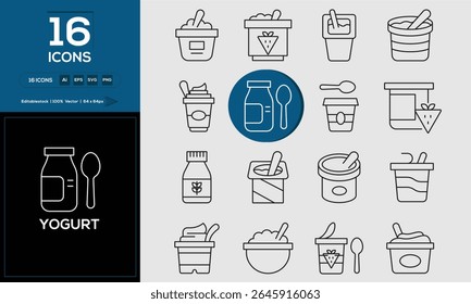 Yogurt set of outline icons related to analysis, infographic, analytics. Editable stroke. Vector illustration.