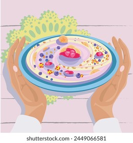 Yogurt smoothie with banana and berries, oats, top view. Healthy natural breakfast. A serving of acai yogurt smoothie with fruits in a bowl isolated on the background. Vector illustration