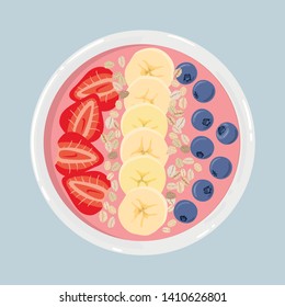 Yogurt smoothie bowl with banana, strawberries, blueberries, oats, top view. Healthy natural breakfast. Portion of acai smoothie yogurt with fruits in bowl isolated on background. Vector illustration.