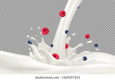 Yogurt splash. Berries milk flow and milk splash vector on transparent background. Realistic raspberry blueberry cream