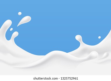 Yogurt splash seamless pattern. 3d realistic milk wave border on blue background. Vector milky package design.
