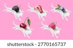 Yogurt splash set with 3D berries isolated on pink background. Vector realistic illustration of fresh blackberry, strawberry, blueberry, cherry, raspberry, white milk splatter, dairy packaging design