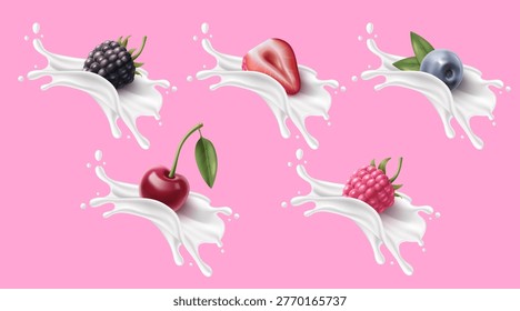 Yogurt splash set with 3D berries isolated on pink background. Vector realistic illustration of fresh blackberry, strawberry, blueberry, cherry, raspberry, white milk splatter, dairy packaging design