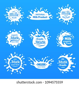 Yogurt splash silhouette, drink milks macula or milky drink blot. Natural organic yoghurt cream or breakfast calcium lactose milk blots spot silhouette vector cartoon blue shape set