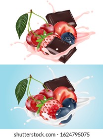 Yogurt splashing with strawberry and blueberry isolated on solid color background, Vector realistic in 3d illustration.
