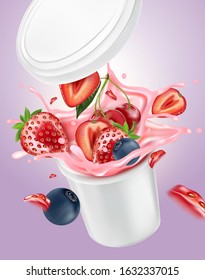 Yogurt splashing with strawberry and blueberry with packaging mock up isolated on solid color background, Vector realistic in 3d illustration.