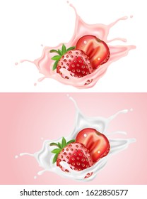 Yogurt splashing with strawberry isolated on solid color background, Vector realistic in 3d illustration.