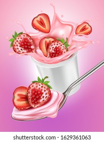 Yogurt splashing with strawberry and packaging mock up isolated on solid color background, Vector realistic in 3d illustration.