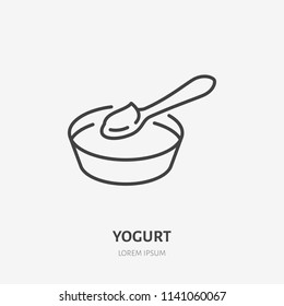 Yogurt with spoon flat logo, breakfast porridge icon. Dairy product vector illustration. Sign for healthy food store.