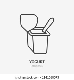Yogurt with spoon flat logo, breakfast icon. Dairy product vector illustration. Sign for healthy food store.
