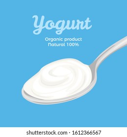 Yogurt in spoon on blue background. Vector illustration of fermented milk product in cartoon flat style.