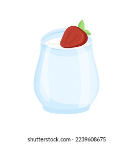 Yogurt with strawberry in glass. Vector illustration isolated on white background
