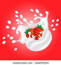 Yogurt, strawberry, splashes of milk. Set of 3d vector elements, package design. Natural dairy products. 3d realistic vector object. Whipped cream with strawberries. The background is strawberry.