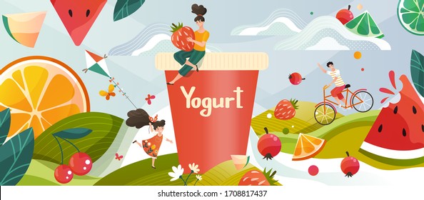 Yogurt with summer fruits drink on green meadow, flowers and fruits and berries, childrens milky yohurt drink vector illustration. Field landscape for milky yoghourt advertisement.