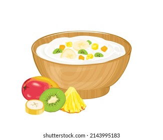 Yogurt With Tropical Fruit In Bowl. Dairy Dessert With Pineapple, Kiwi, Mango And Banana. Vector Cartoon Flat Illustration.