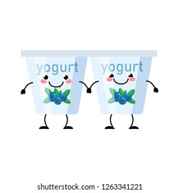 Yogurt vector characters isolated on white background.  Kawaii dairy product