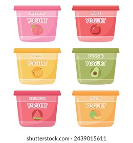 Yogurt vector illustration on white background. Strawberry, apple, avocado, watermelon, banana and melon flavors.