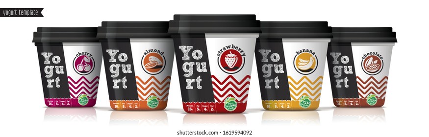 Yogurt vector packaging design. Fruit and nuts yogurt set.