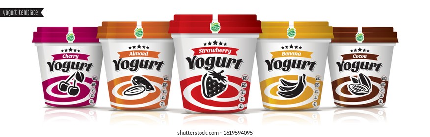 Yogurt vector packaging design. Fruit and nuts yogurt set.