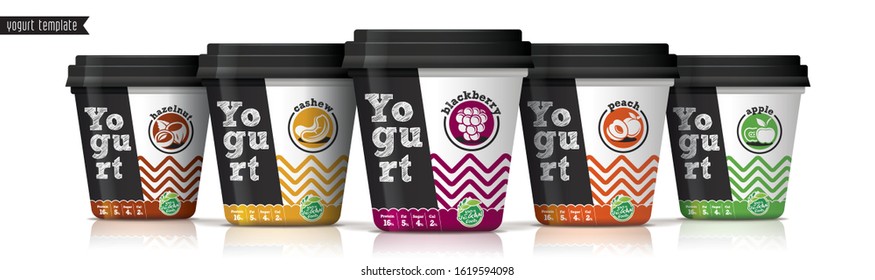 Yogurt vector packaging design. Fruit and nuts yogurt set.