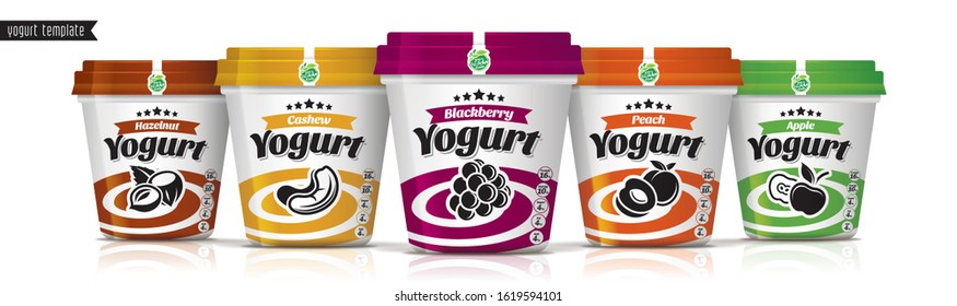 Yogurt vector packaging design. Fruit and nuts yogurt set.