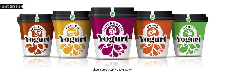 Yogurt vector packaging design. Fruit and nuts yogurt set.