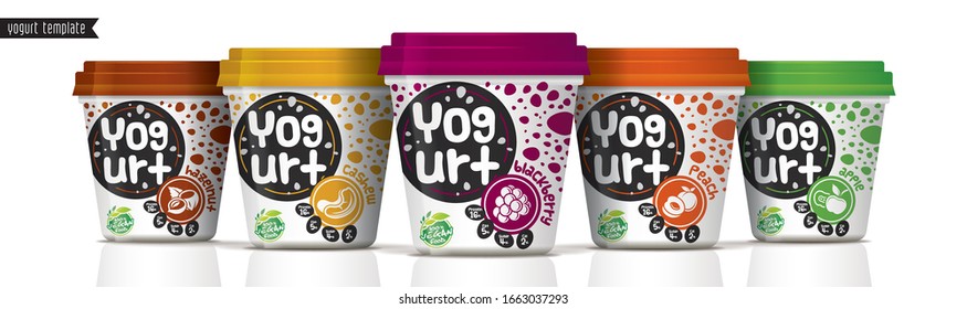 Yogurt vector packaging design. Fruit and nuts yogurt set.