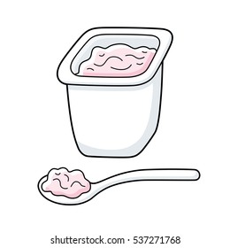 Yogurt in a white plastic cup and spoon isolated.
