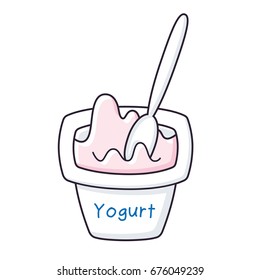 Yogurt in a white plastic cup with spoon isolated