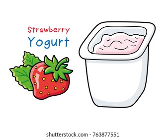 Yogurt in a white plastic cup and strawberry isolated