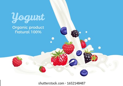 Yogurt with wild berries. Raspberry, blueberry, blackberry, strawberry and splash of milk. Vector illustration of pouring milk and mix of berries in cartoon flat style.