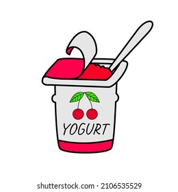 Yogurt.Cherry.Yogurt flat line icon on white background