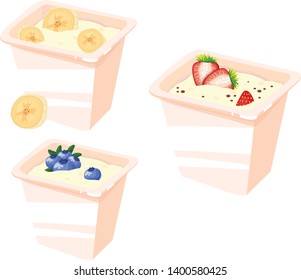 yogurts with fruit in cups vector illustration set