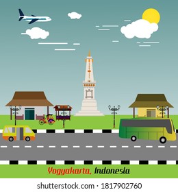 Yogyakarta city with the symbol of the monument and public transportation.