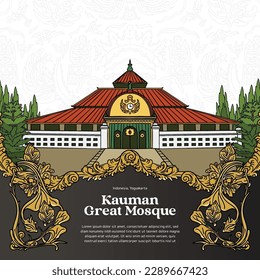 Yogyakarta Landmark Kauman Great Mosque with javanese ornament illustration