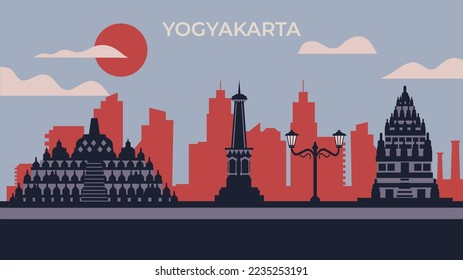 Yogyakarta and temple in Java flat background 