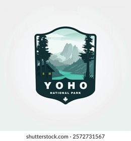 Yoho National Park scenery of mountains, trees, water, and a cabin. Suitable for travel blogs, outdoor magazines, logo print design, and naturethemed designs.