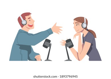 Yoing Man and Woman Recording Podcast, Radio Host Interviewing Guest in Studio on Air, Podcasting Cartoon Style Vector Illustration