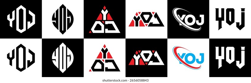 Diseño del logotipo de la letra de YOJ en seis estilos. YOJ polígono, círculo, triángulo, hexágono, estilo plano y simple con logo de letra de variación de color blanco y negro en una mesa de trabajo. Logotipo minimalista y clásico de YOJ