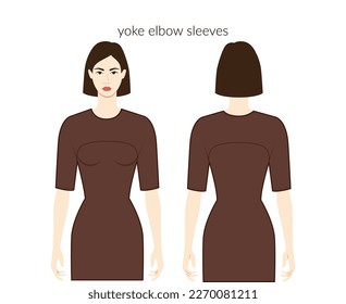 Yoke sleeves clothes character beautiful lady in brown top, shirt, dress technical fashion illustration with elbow length. Flat apparel template front, back sides. Women, men unisex CAD mockup