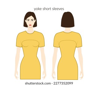 Yoke sleeves clothes short length clothes character lady in ochre top, shirt, dress technical fashion illustration, fitted body. Flat apparel template front, back sides. Women, men unisex CAD mockup